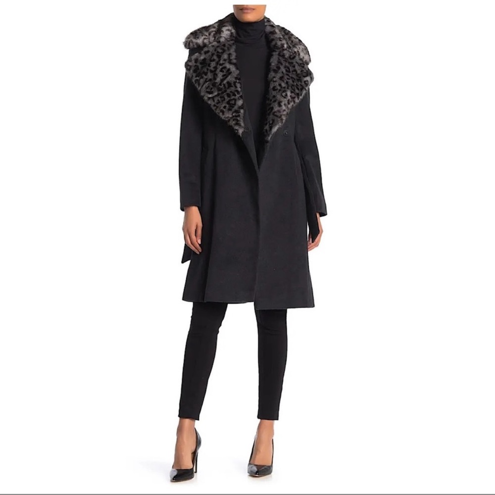 New Via Spiga Leopard Print Faux Fur Collar Wool Belted Wrap Coat Black Grey XS - Picture 4 of 6